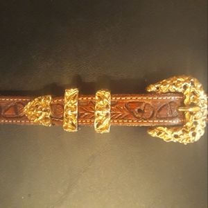 VOGT Gold Plated Buckle, Loops and Tip on Hand Tooled Steerhide Leather Belt